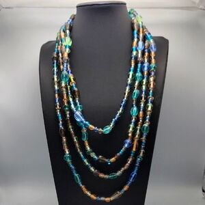 2 Strand Attached Beachy Oceanic Boho Elegance Glass Beaded Long Necklace 46"++
